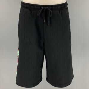 MARCELO BURLON Size S Black Multi-Color Applique Cotton Drawstring Shorts